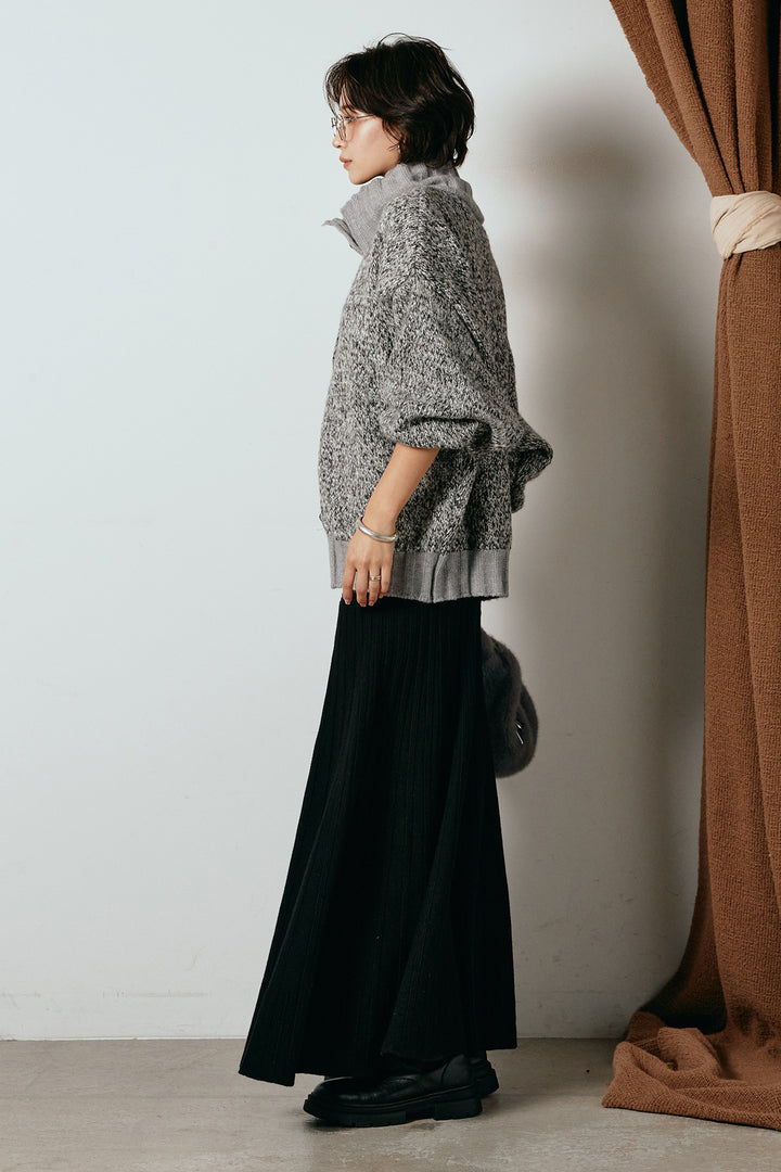 [SET]ハイネックミックスニットカーディガン+編み地切り替えフレアニットスカート(2set)