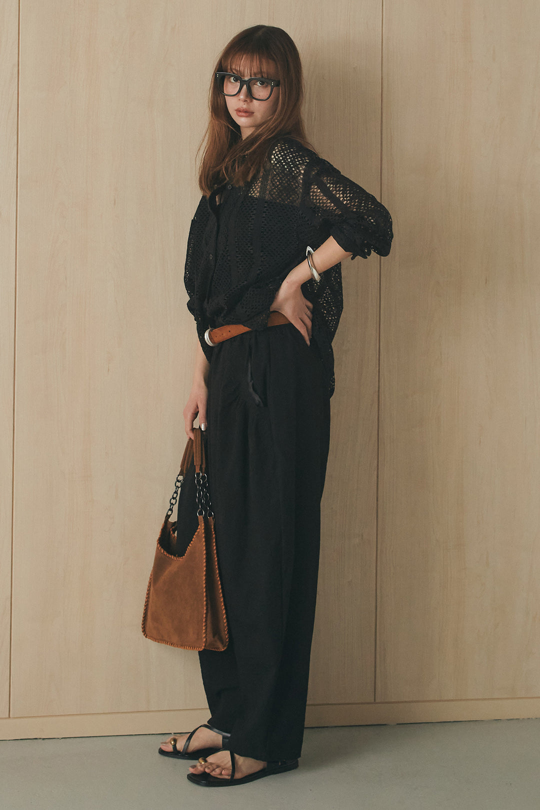 [SET]長袖襟付きレースシャツ+ポケットタックフォルムパンツ(2set)