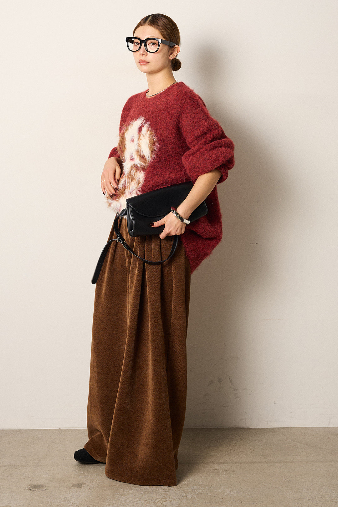 [SET]シャギーニュアンスアニマルニット+ベルトループコーデュロイワイドパンツ(2set)