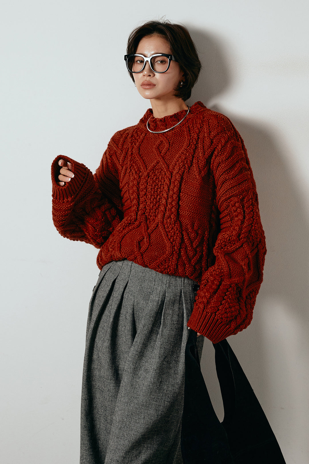 [SET]アラン柄ミックスケーブルニット+サイドボタンツイードタックパンツ(2set)