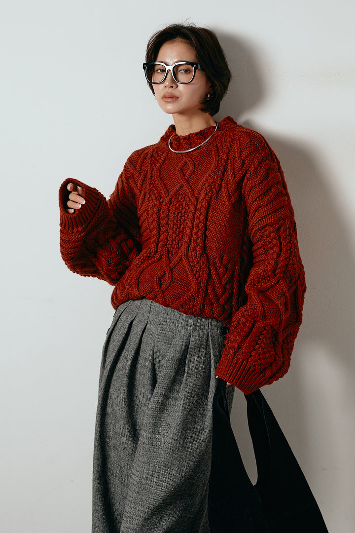 [SET]アラン柄ミックスケーブルニット+サイドボタンツイードタックパンツ(2set)