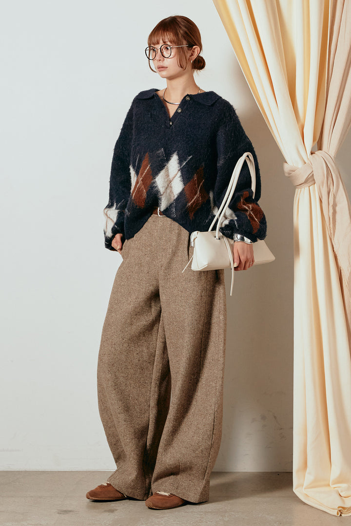 [SET]アーガイル柄ポロニットトップス+ベルト付きネップツイードカーブパンツ(2set)