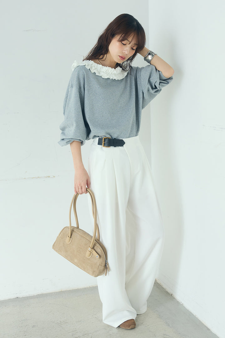 [SET]ネックギャザーフリルスウェット+サイドベルトタック入りスラックス(2set)