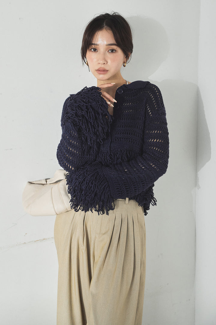 [SET]メッシュフリンジカーディガン+編みベルト付きウエストタックワイドパンツ(2set)