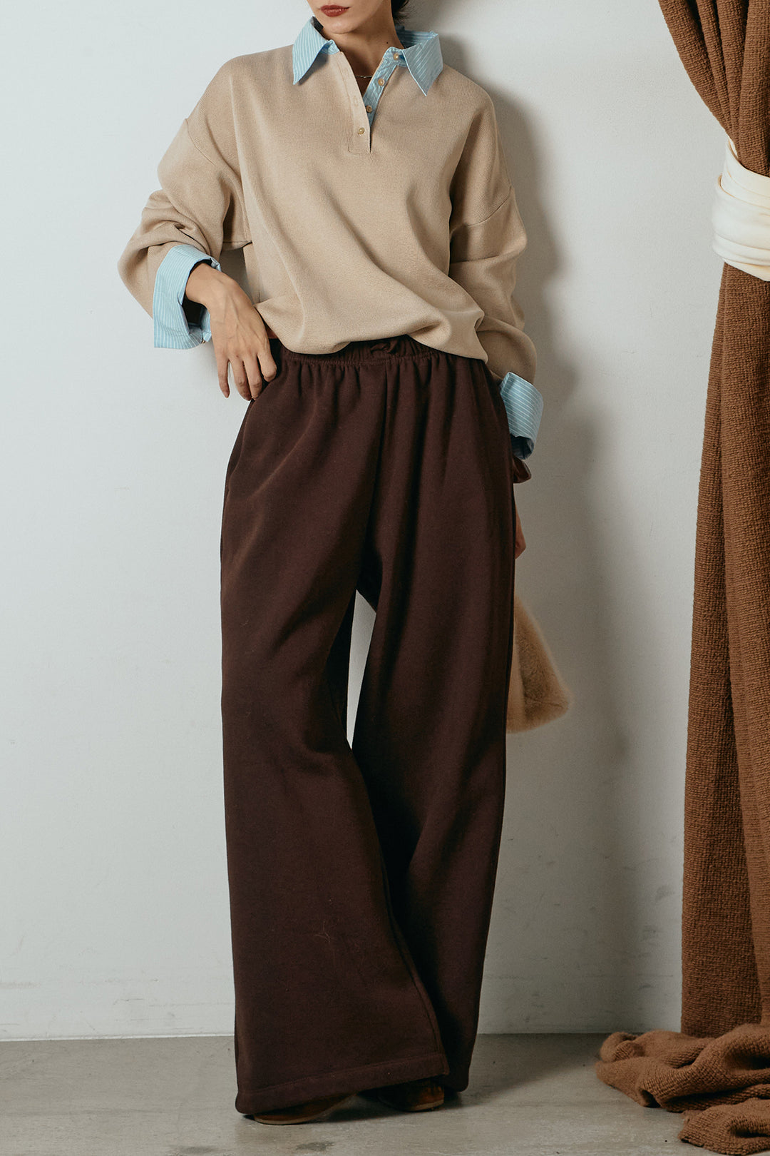 [SET]ストライプシャツドッキングポロトップス+裏起毛スウェットワイドパンツ(2set)