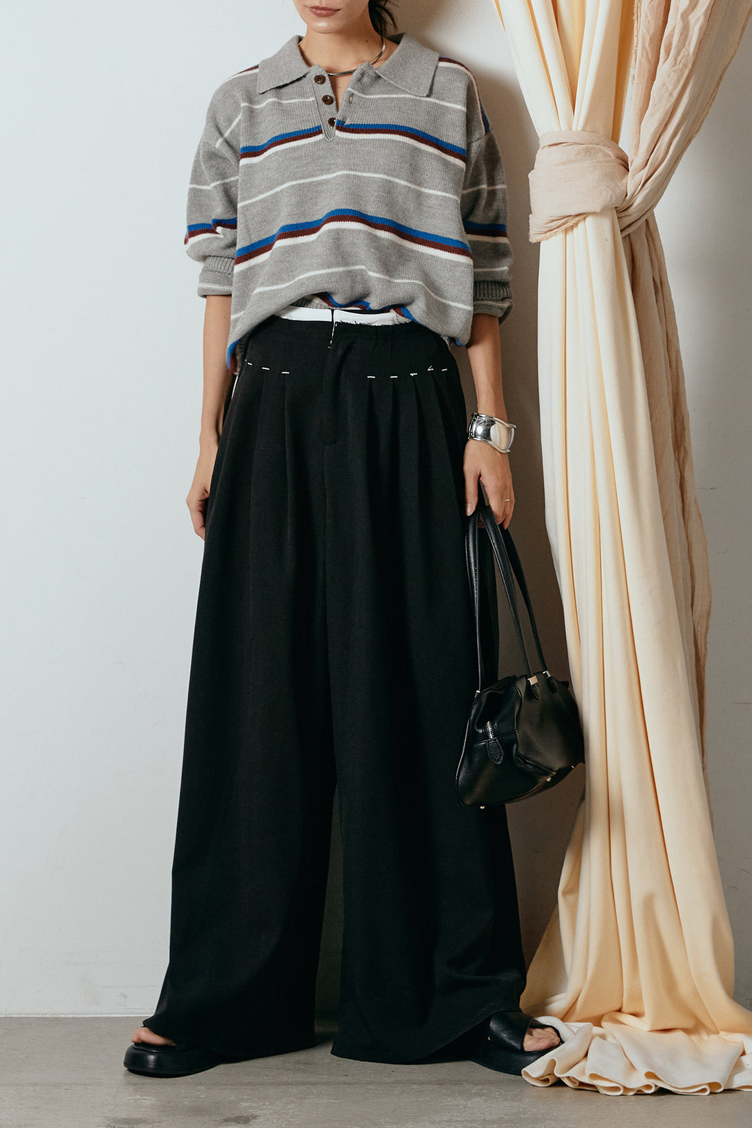 [SET]襟付きマルチボーダーニットポロトップス+ウエストステッチデザインワイドスラックス(2set)