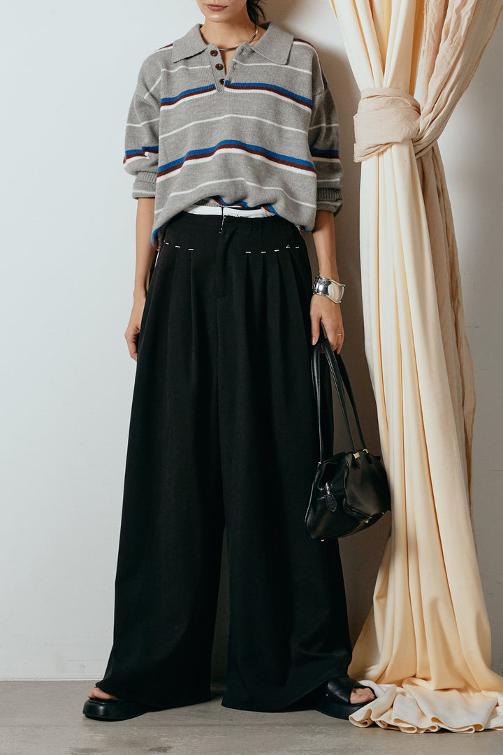 [SET]襟付きマルチボーダーニットポロトップス+ウエストステッチデザインワイドスラックス(2set)