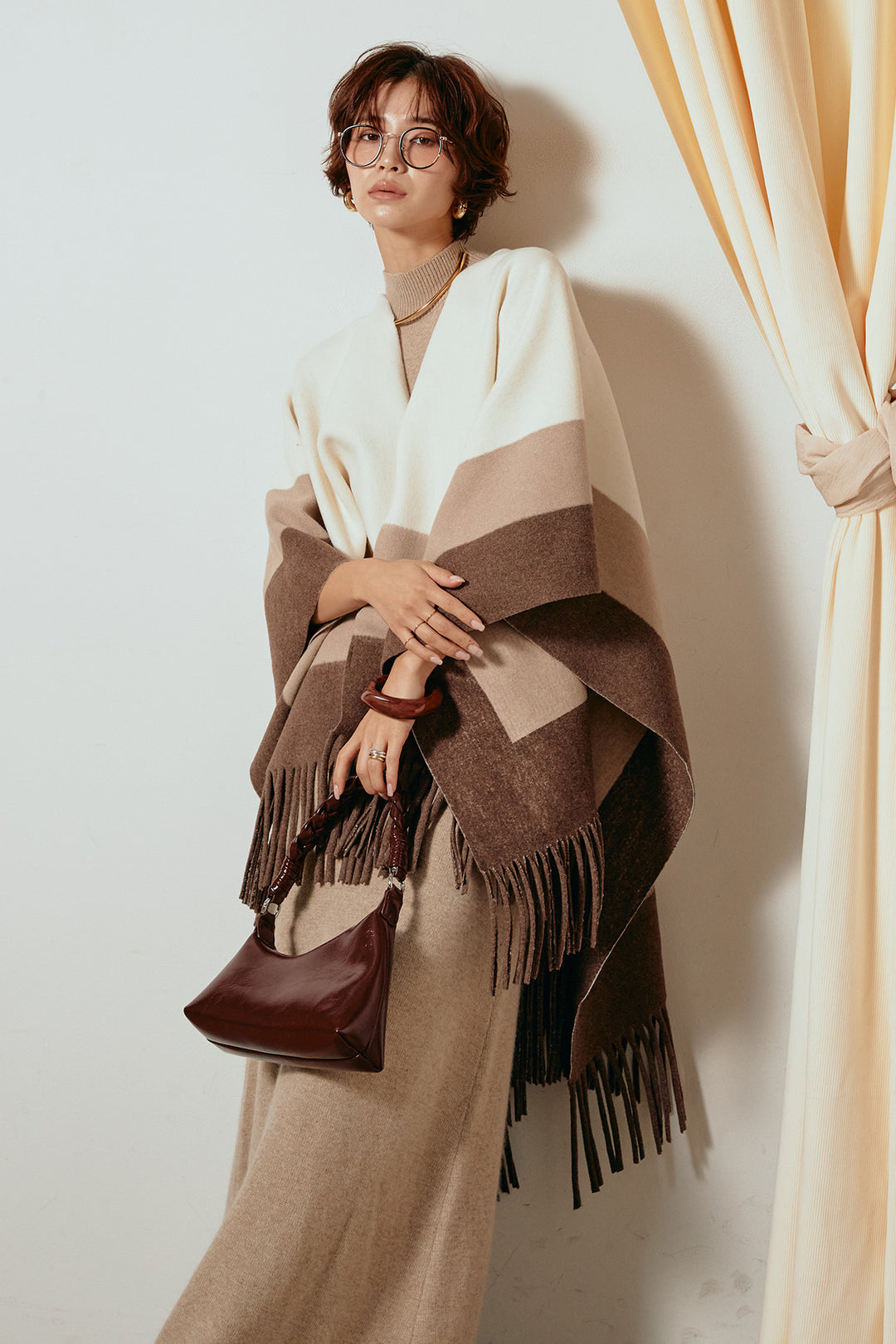[SET]裾フリンジ柄ポンチョアウター+ノースリーブニットロングワンピース(2set)
