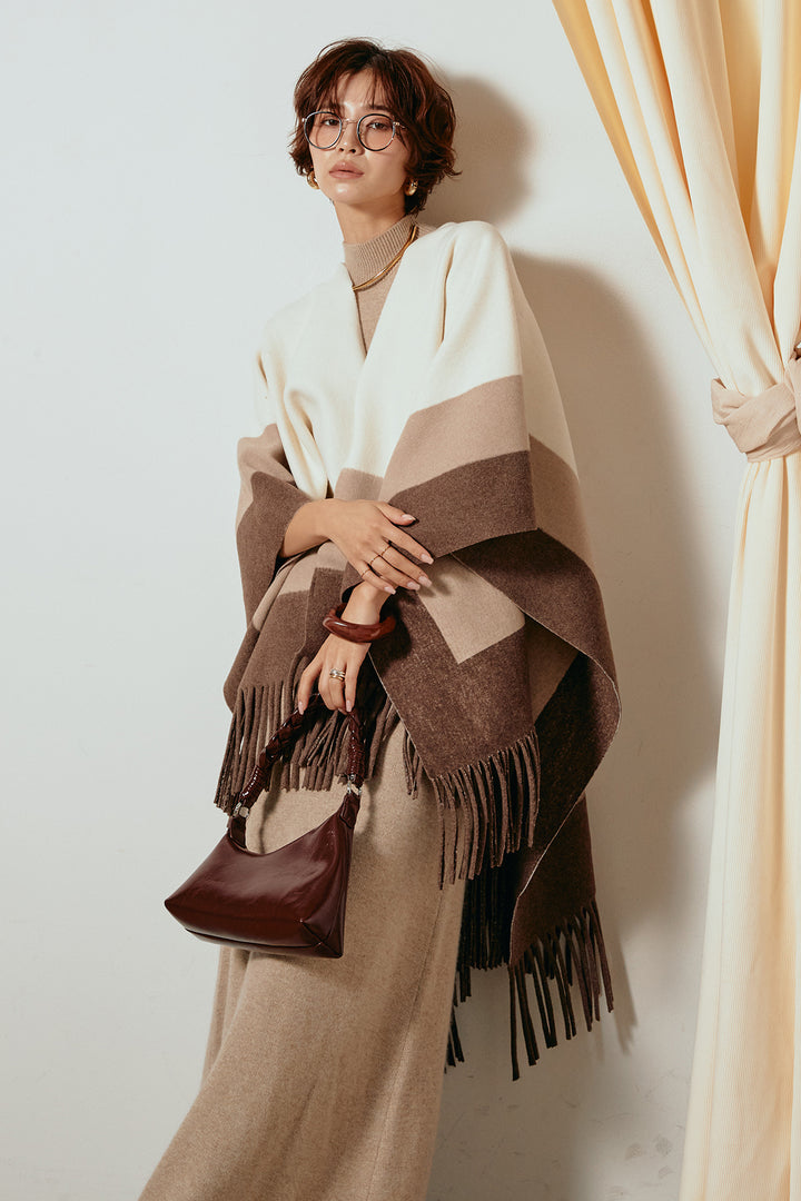 [SET]裾フリンジ柄ポンチョアウター+ノースリーブニットロングワンピース(2set)