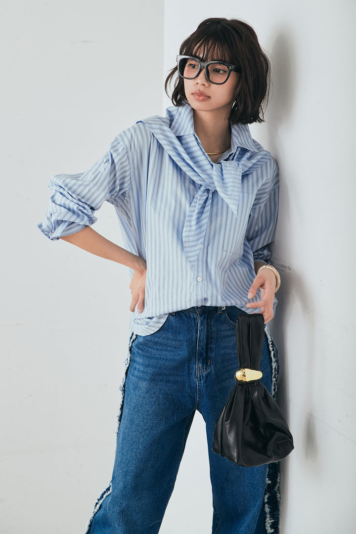 [SET]ランダムストライプスカーフ付きシャツ+デニムサイドフリルパンツ(2set)