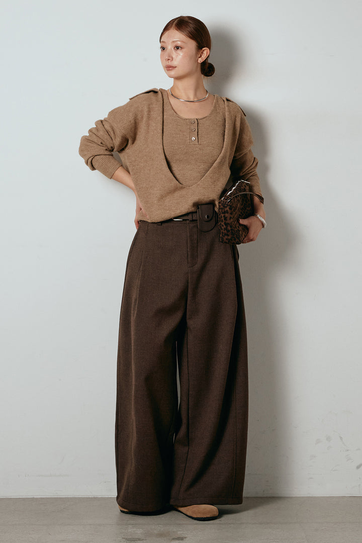 [SET]襟付きレイヤードニットトップス+ポーチベルト付きカーブパンツ(2set)