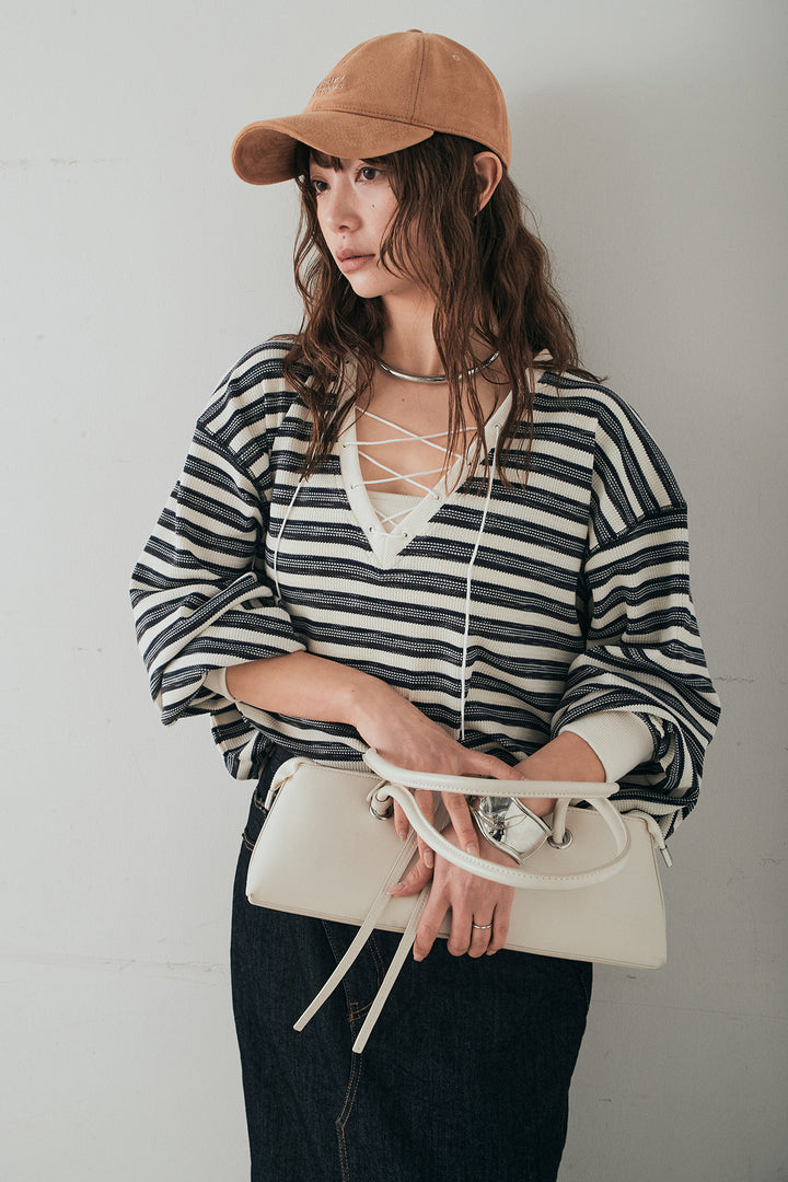 [SET]レースアップワッフルボーダートップス+ウエストクロスデニムタイトスカート(2set)