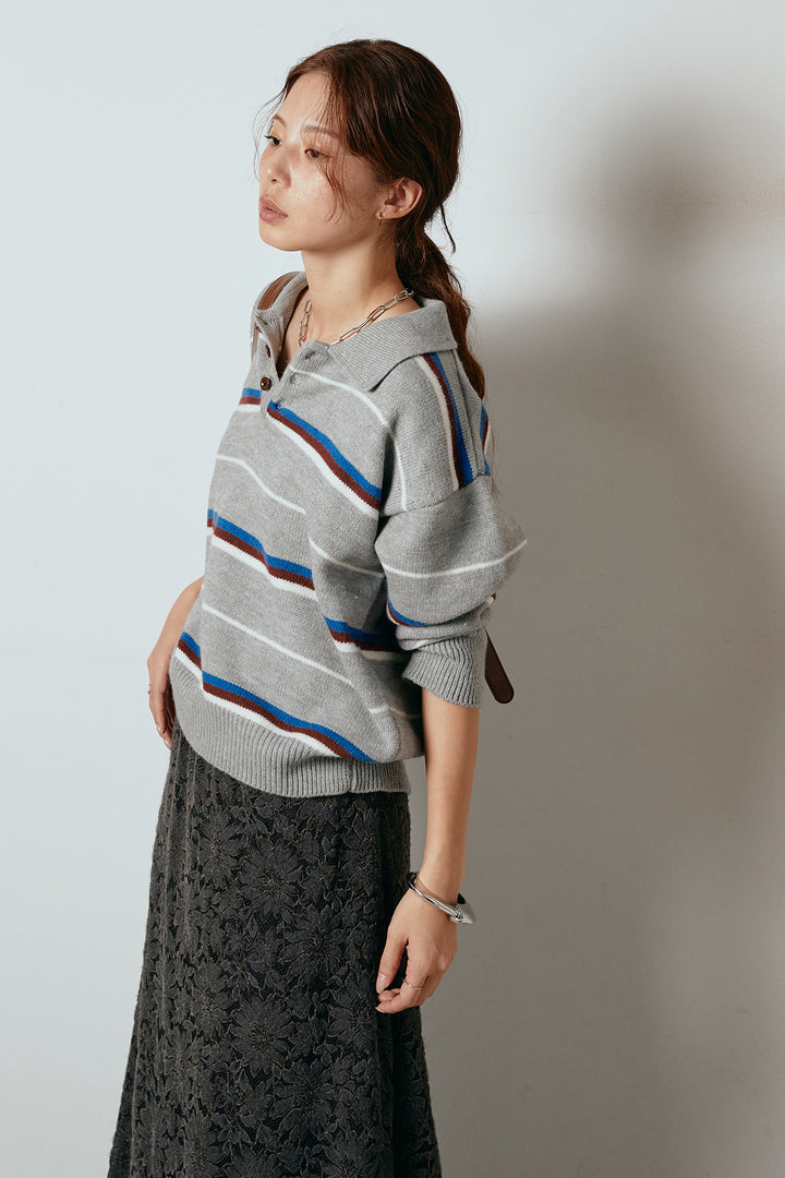 [SET]襟付きマルチボーダーニットポロトップス+花柄刺繍ベロアフレアスカート(2set)