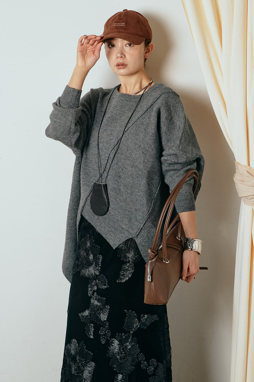 【着回しセット】[SET]アシンメトリーデザインニットトップス+センターラインニットパンツ+フラワー刺繍ワイドスカート(3set)