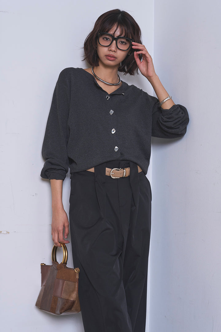 [SET]リサイクルポリニュアンス釦カーデ+ベルトループデザインハイウエストタックパンツ(2set)