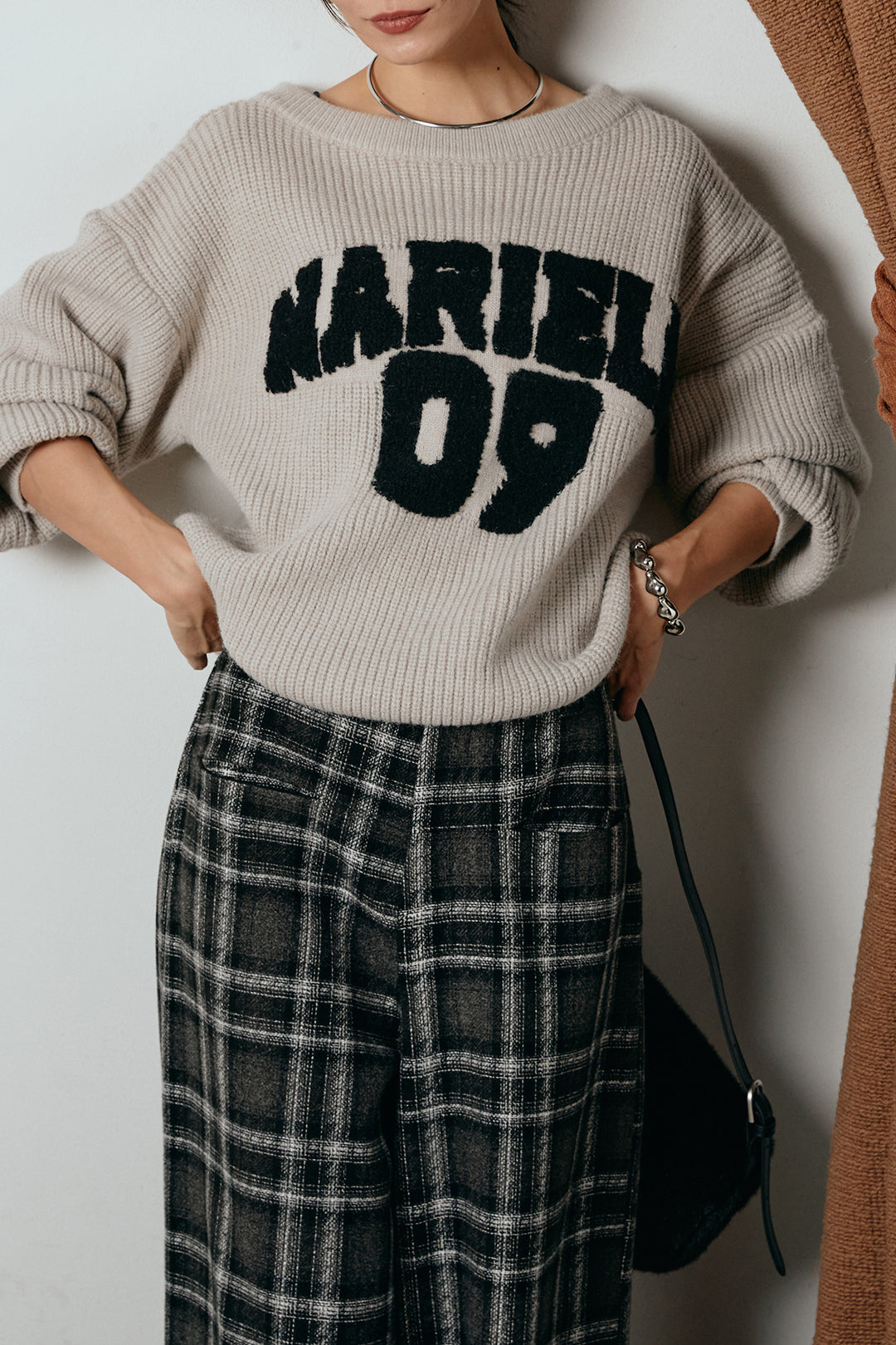 [SET]ロゴジャガードニットトップス+ルーズタータンチェックワイドパンツ(2set)