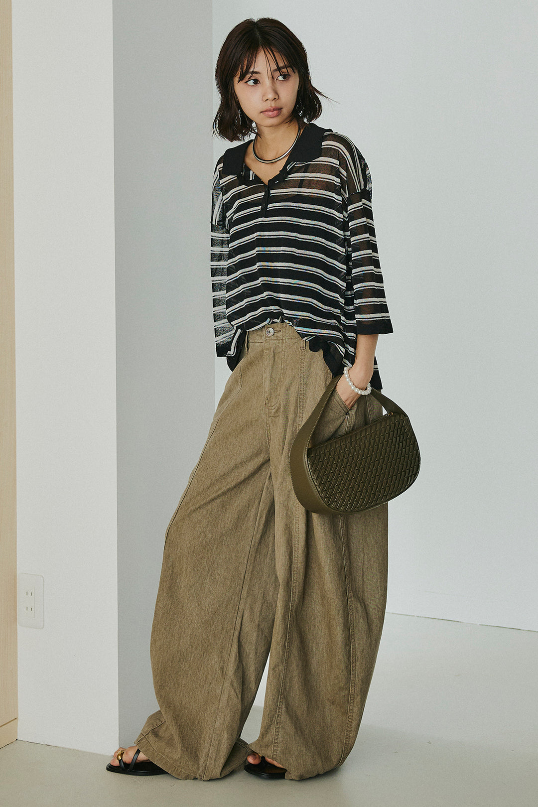 [SET]ボーダーニットポロシャツ+サイドベルトカーブワイドパンツ(2set)