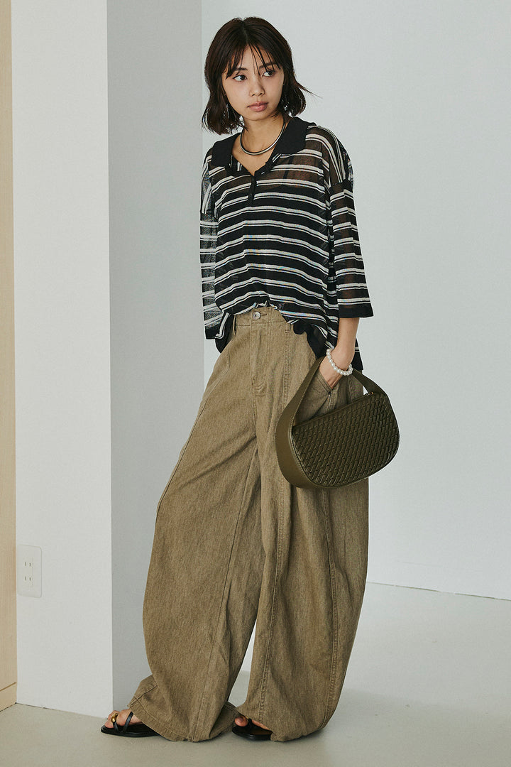 [SET]ボーダーニットポロシャツ+サイドベルトカーブワイドパンツ(2set)