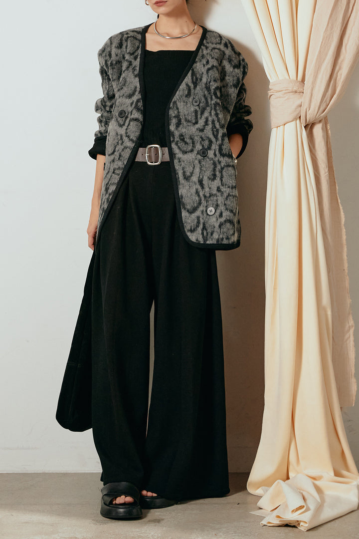 [SET]ノーカラーレオパード柄アウター+フェイクレザー太ベルト付きタックワイドパンツ(2set)
