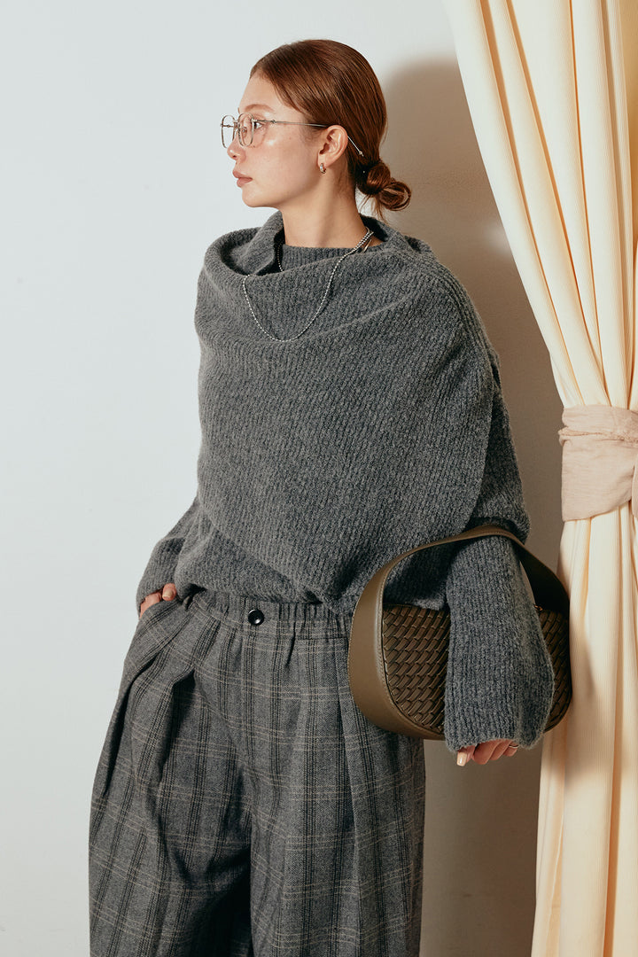[SET]ケープデザインリブニットトップス+タータンチェック柄タックパンツ(2set)