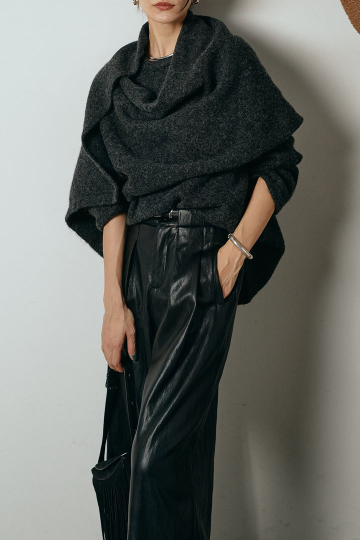 [SET]ネック巻きデザインニットトップス+ベルト付きレザーライクタックパンツ(2set)