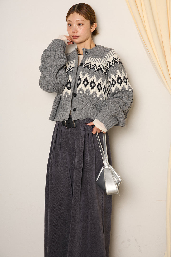 [SET]2WAY求心柄ジャガードショートカーディガン+ベルトループコーデュロイワイドパンツ+2WAY袖コード刺繍クルーネックプルオーバー(3set)