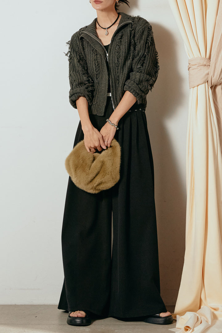 [SET]ハイネックフリンジジップニットトップス+ウエストステッチデザインワイドスラックス(2set)