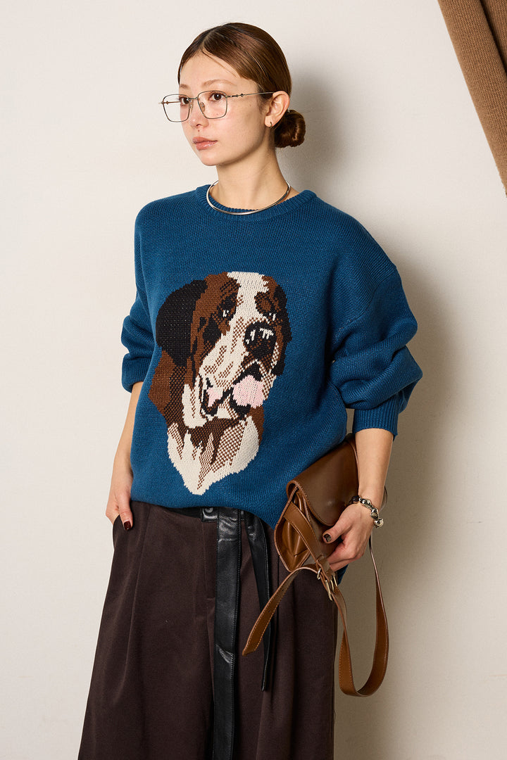 [SET]アニマルジャガード柄ニットトップス+巻ベルトウエストレザーライクワイドパンツ(2set)