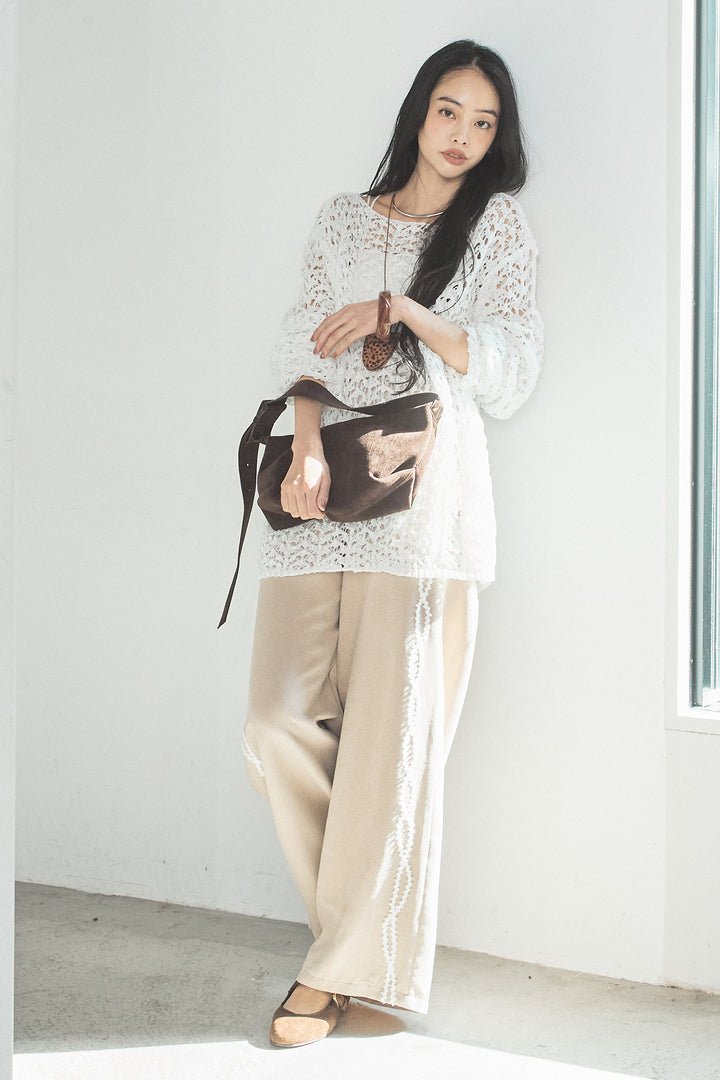 [SET]リラックスメッシュニットトップス+刺繡テープラインパンツ(2set)