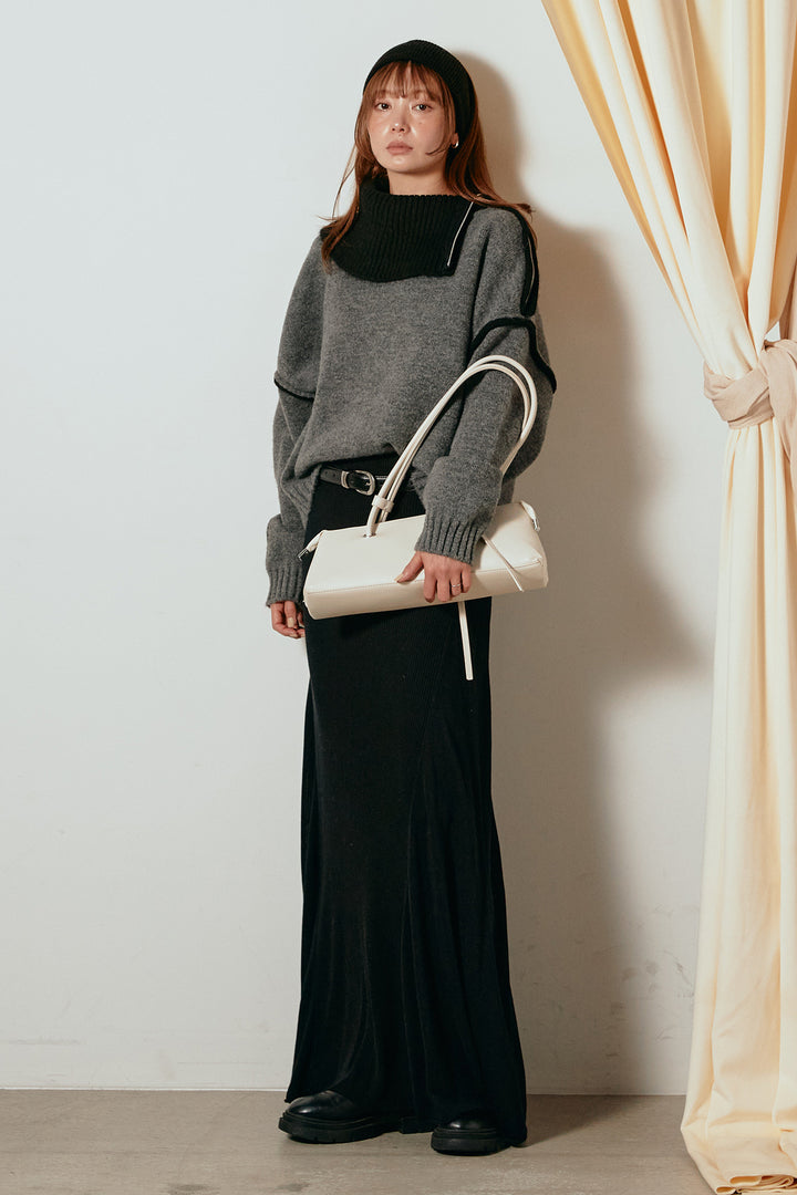 [SET]ハイネックジップデザインニットトップス+サイド切り替えリブニットロングスカート(2set)
