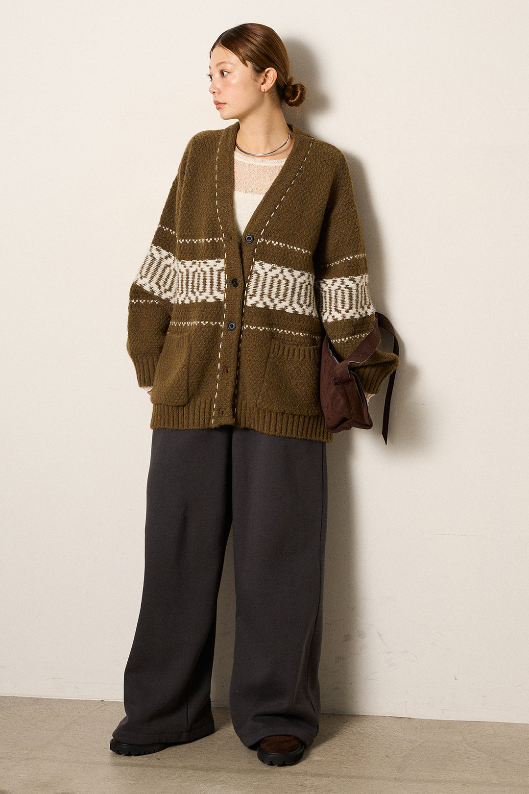 [SET]ライン柄ステッチニットカーディガン+2WAY袖コード刺繍クルーネックプルオーバー+裏起毛スウェットワイドパンツ(3set)