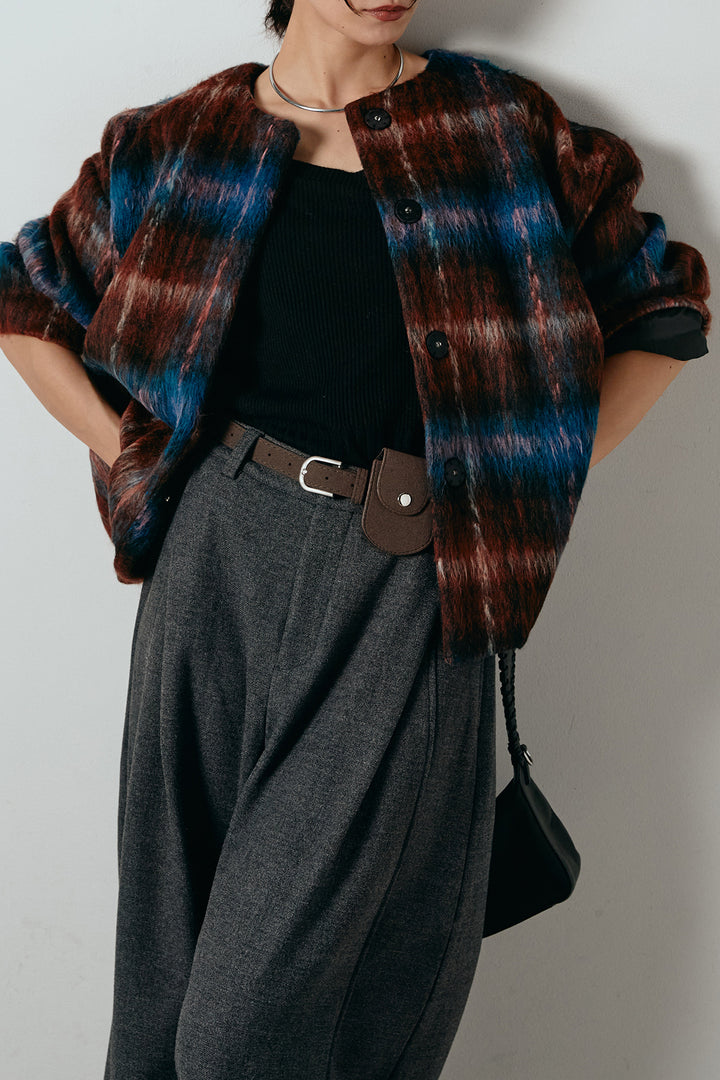 [SET]ノーカラーシャギーチェックアウター+ポーチベルト付きカーブパンツ(2set)