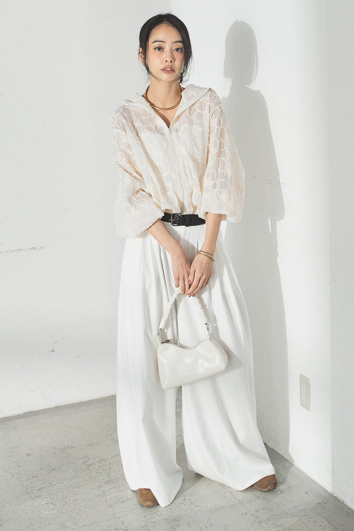 [SET]シアーフラワーフードブルゾン+編みベルト付きウエストタックワイドパンツ(2set)