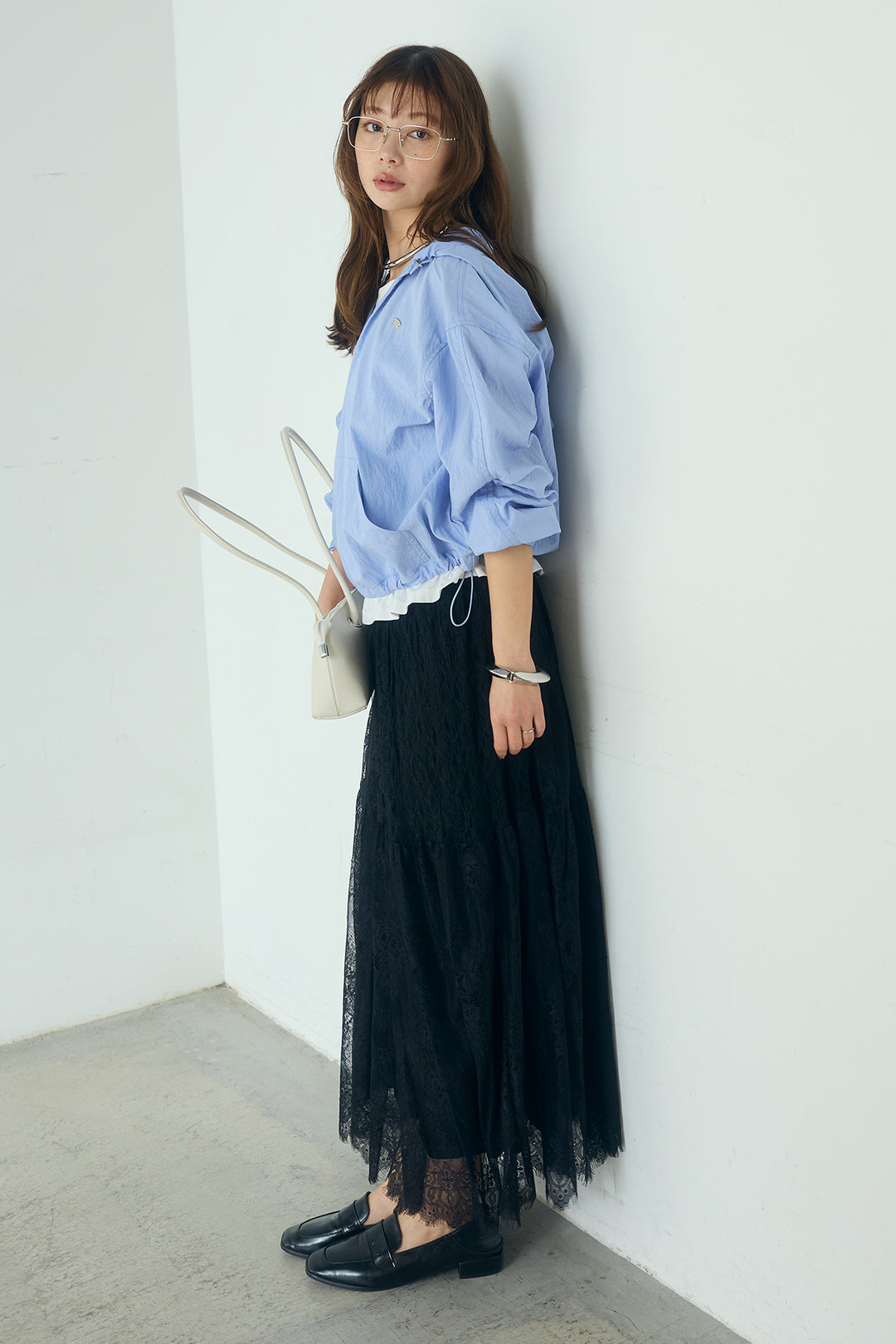 [SET]レイヤードデザインフーディートップス+ひげレース切替ロング丈スカート(2set)