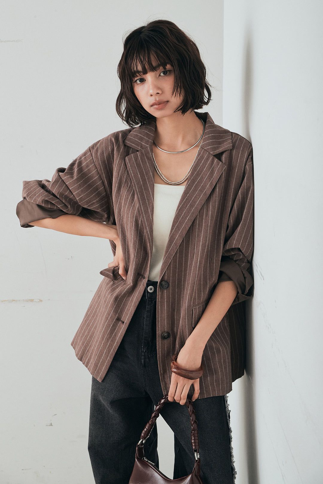[SET]リネンライクストライプテーラードジャケット+デニムサイドフリルパンツ(2set)