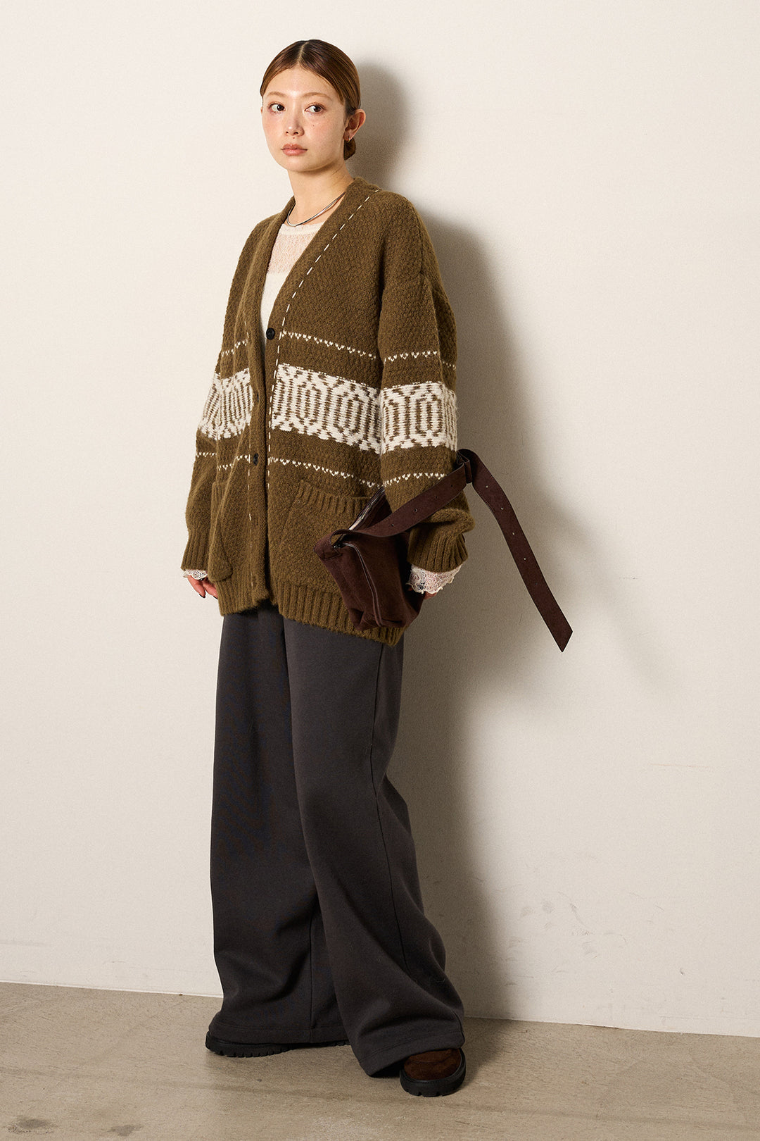 [SET]ライン柄ステッチニットカーディガン+裏起毛スウェットワイドパンツ(2set)