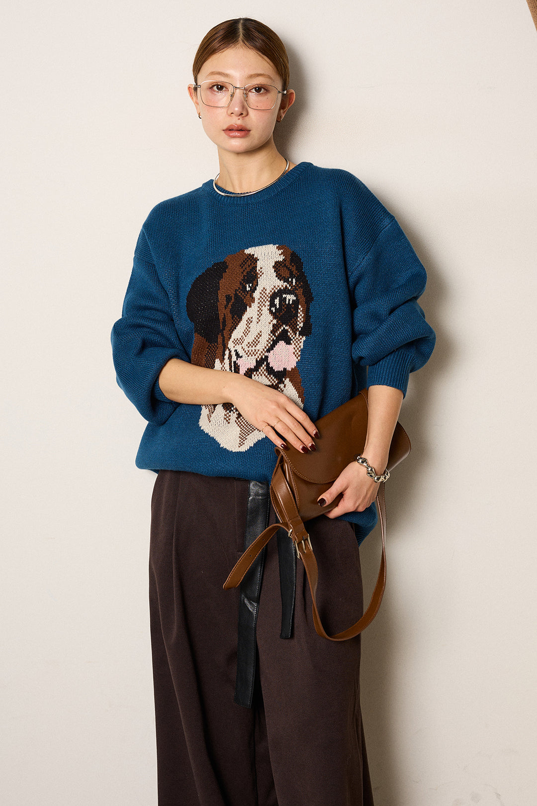 [SET]アニマルジャガード柄ニットトップス+巻ベルトウエストレザーライクワイドパンツ(2set)