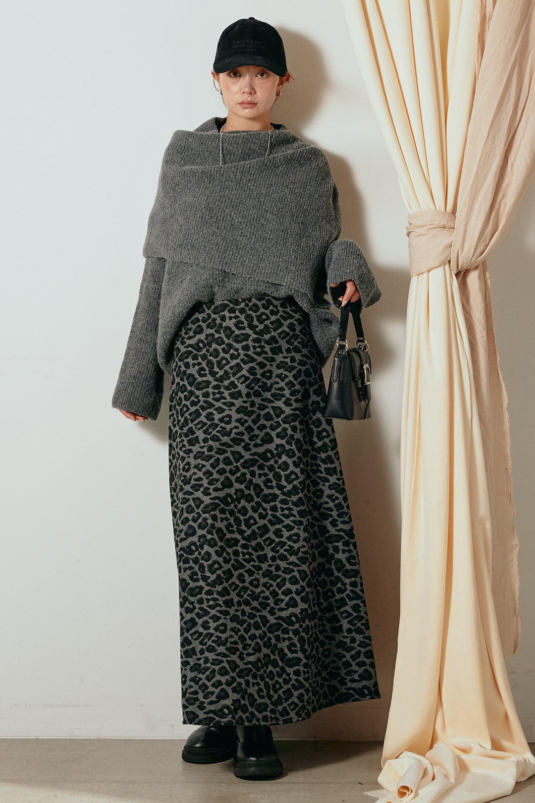 [SET]ケープデザインリブニットトップス+レオパードロングスカート(2set)