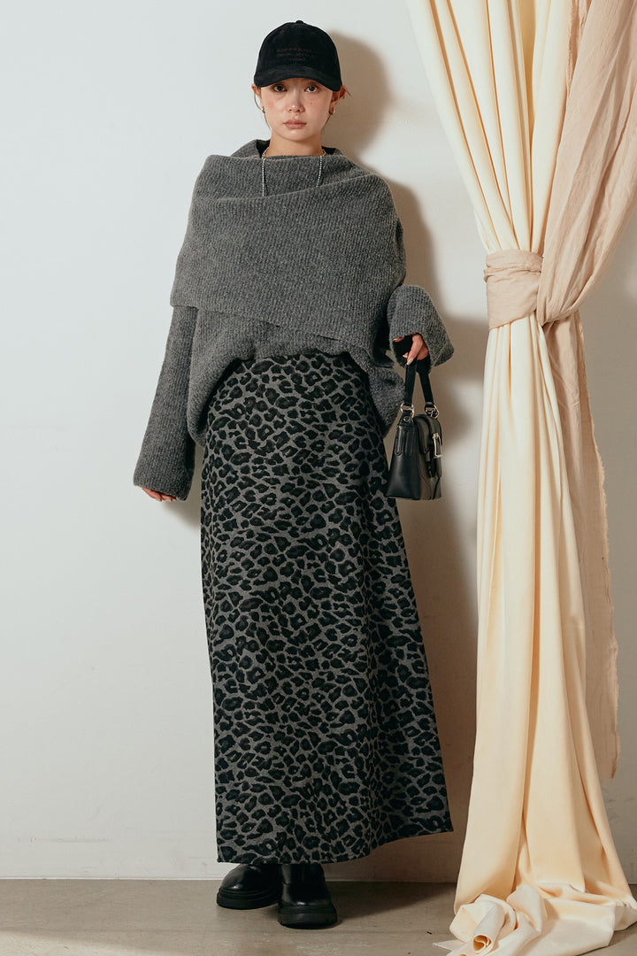 [SET]ケープデザインリブニットトップス+レオパードロングスカート(2set)