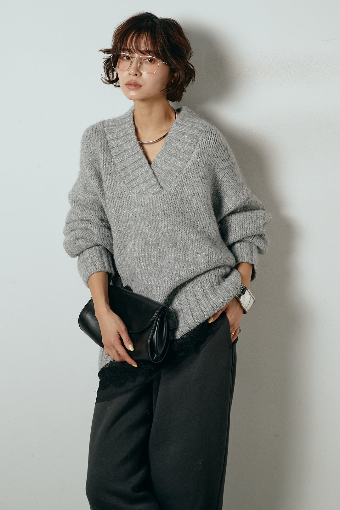 [SET]Vネックラメニットトップス+レース切り替えキャミソール(2set)