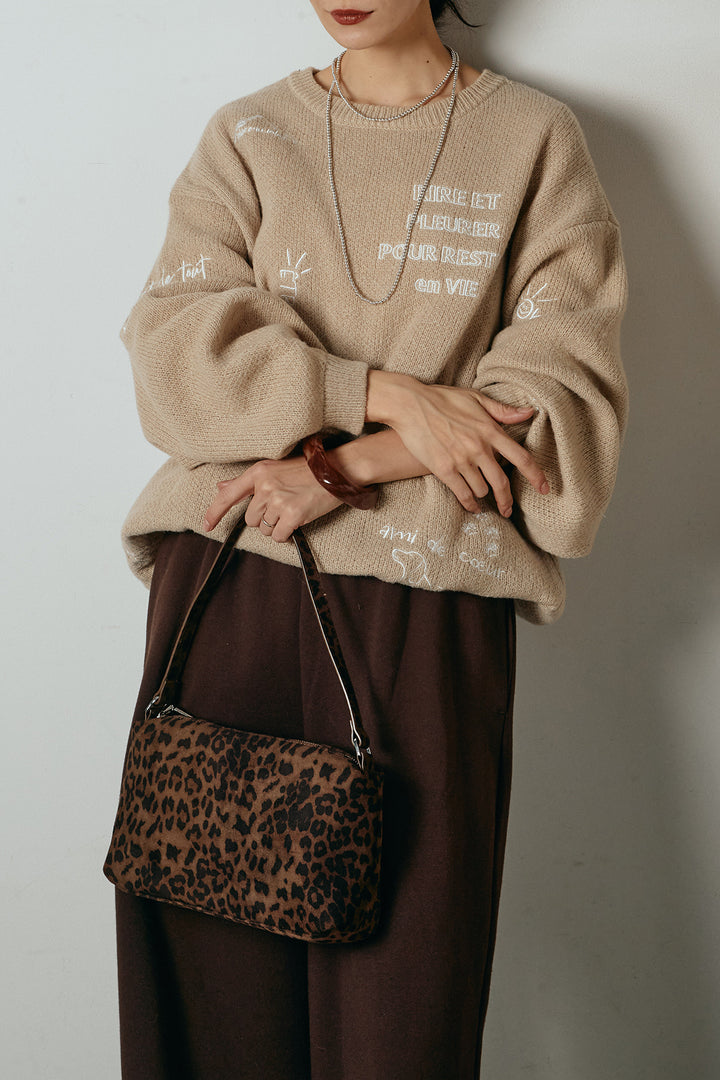 [SET]刺繍ロゴランダムデザインニットトップス+裏起毛スウェットワイドパンツ(2set)