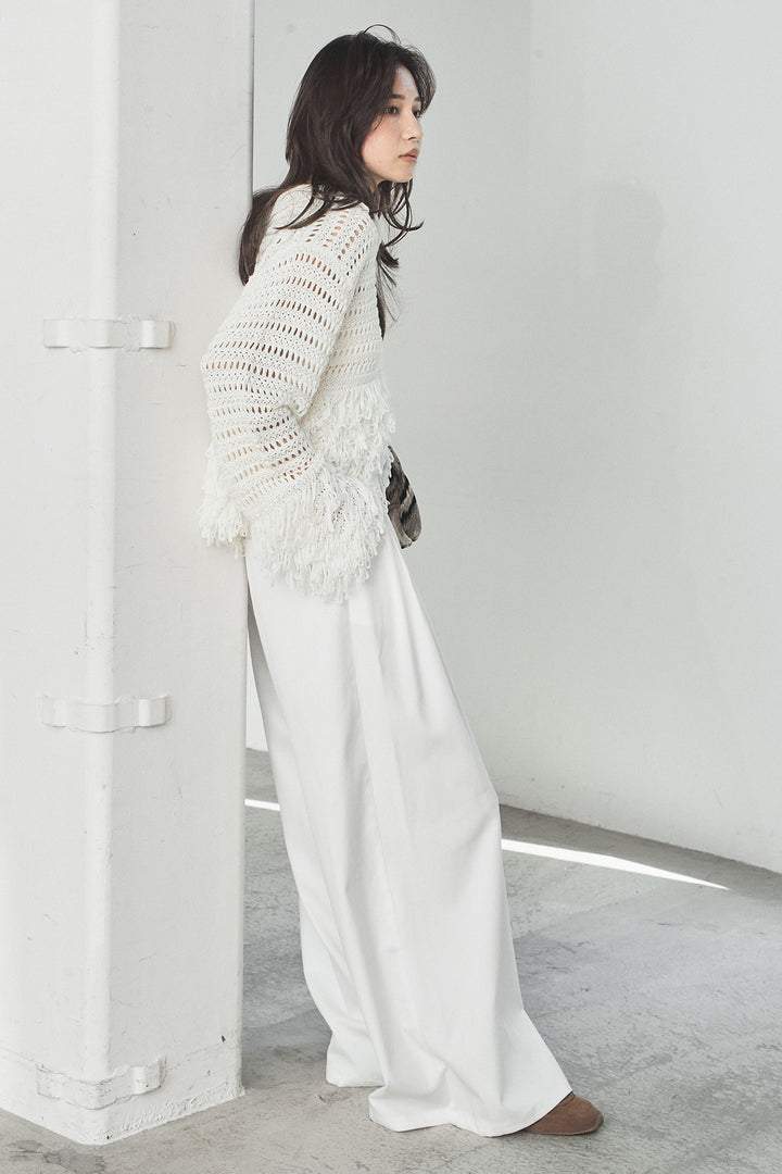 [SET]メッシュフリンジカーディガン+編みベルト付きウエストタックワイドパンツ(2set)