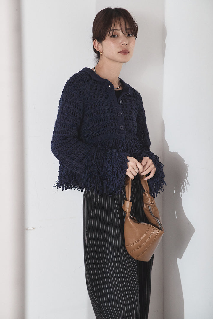 [SET]メッシュフリンジカーディガン+ヘリンボーンストライプツータックパンツ(2set)