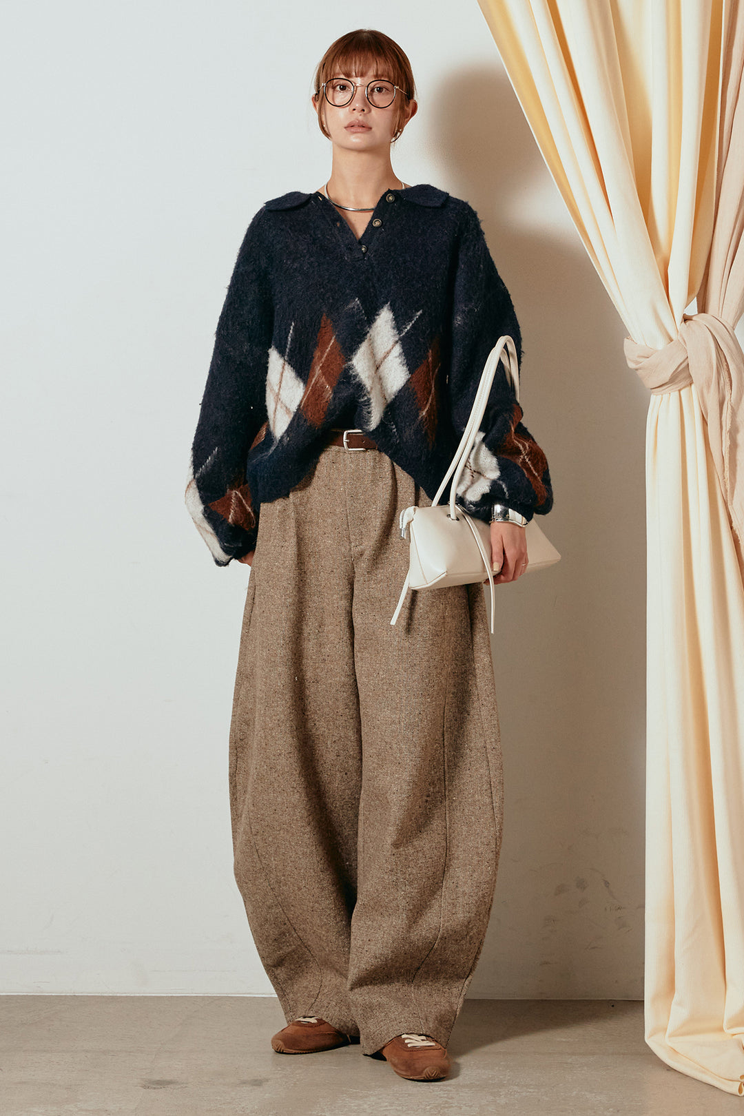 [SET]アーガイル柄ポロニットトップス+ベルト付きネップツイードカーブパンツ(2set)