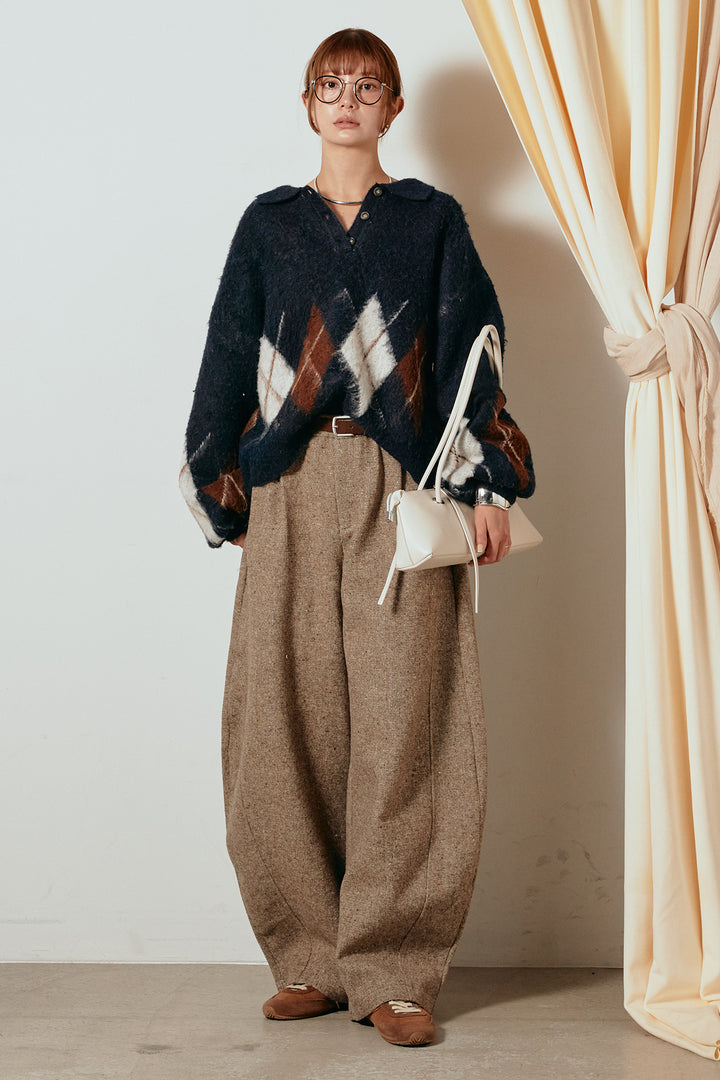 [SET]アーガイル柄ポロニットトップス+ベルト付きネップツイードカーブパンツ(2set)