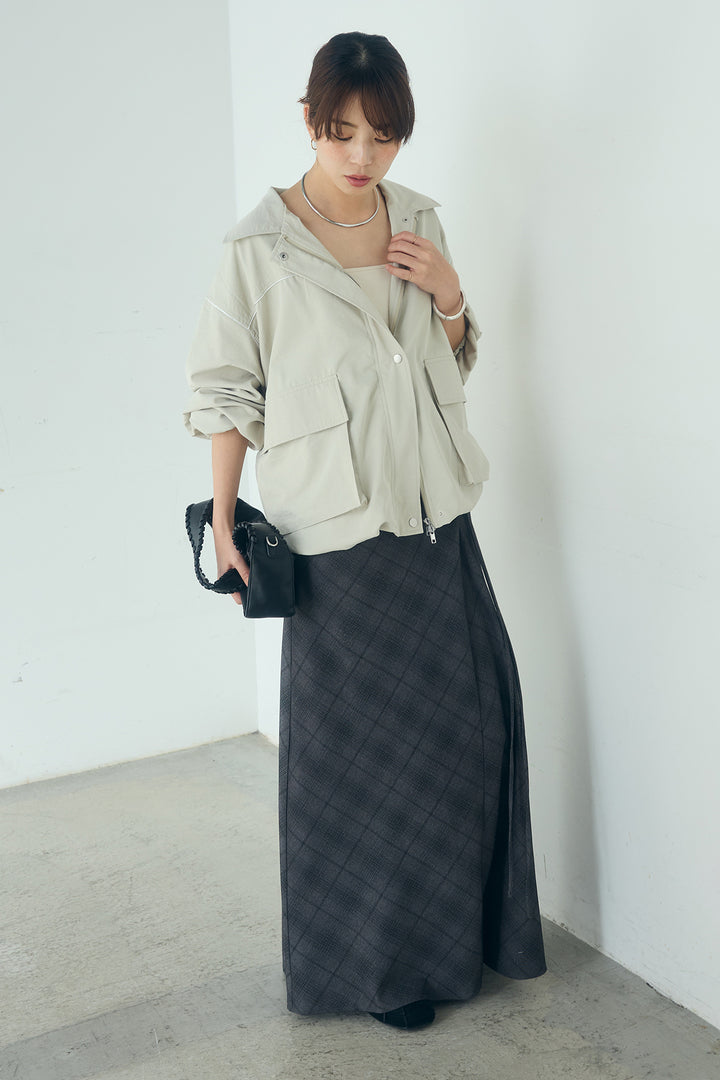 [SET]合繊ツイルバルーンジャケット+タータンチェック柄フロントデザインスカート(2set)