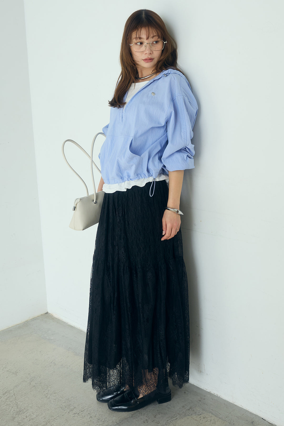 [SET]レイヤードデザインフーディートップス+ひげレース切替ロング丈スカート(2set)