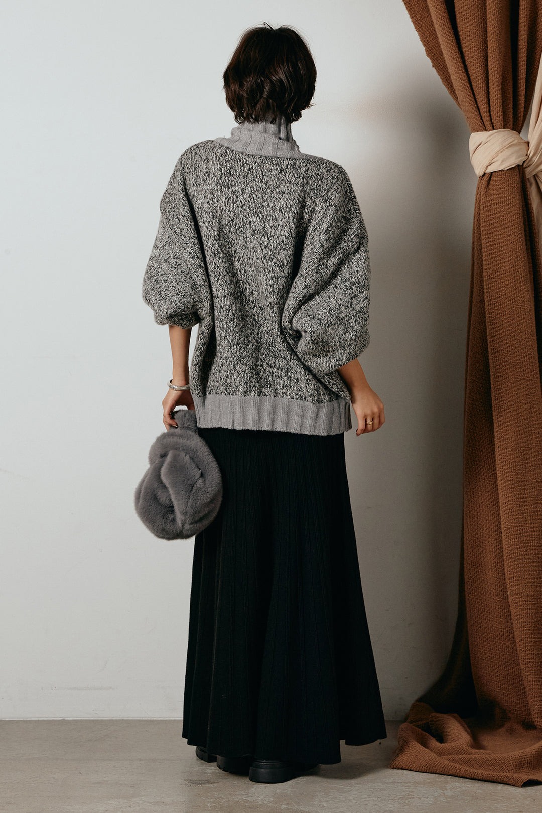 [SET]ハイネックミックスニットカーディガン+編み地切り替えフレアニットスカート(2set)