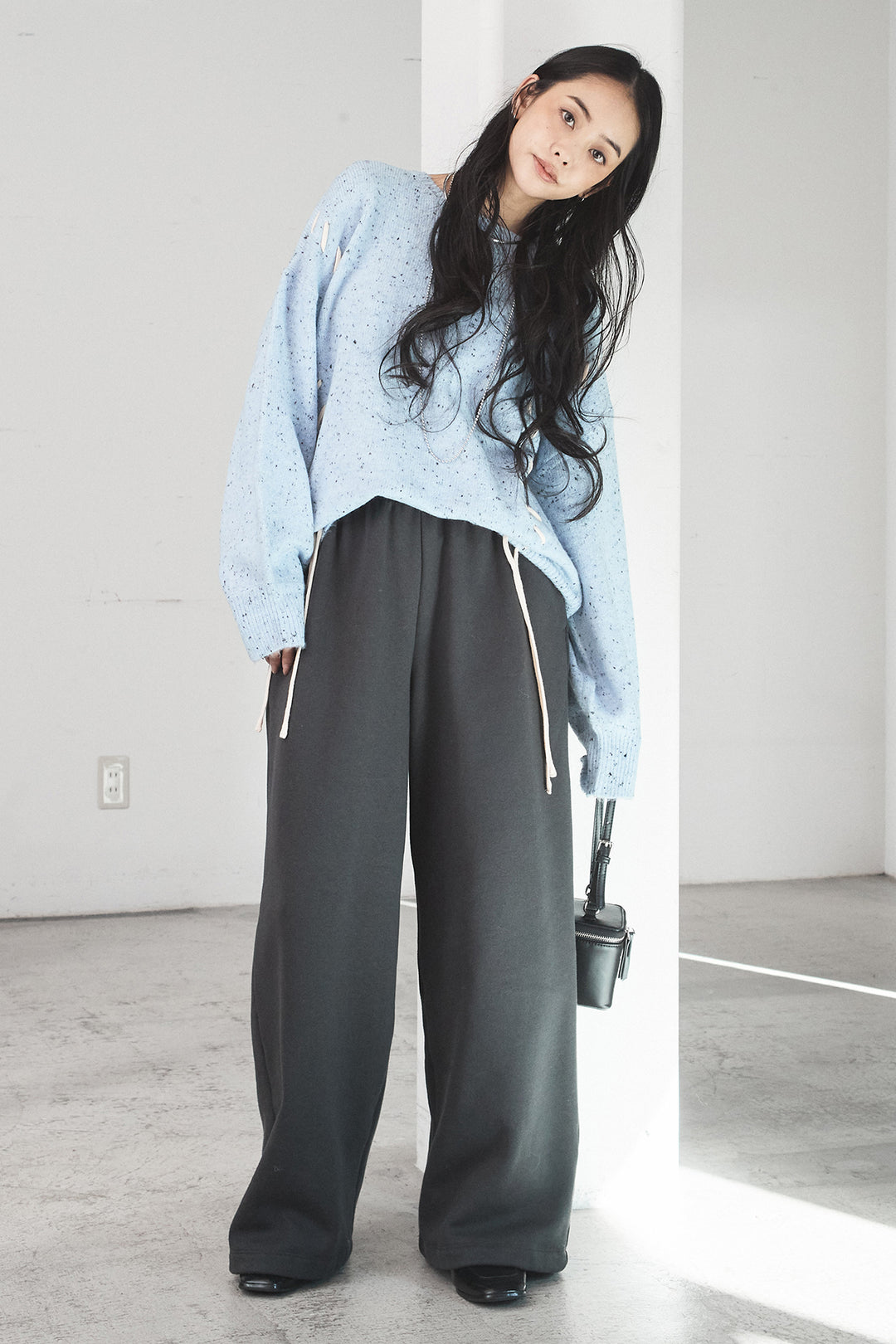 [SET]ネップ編み上げニットトップス+裏起毛スウェットワイドパンツ(2set)