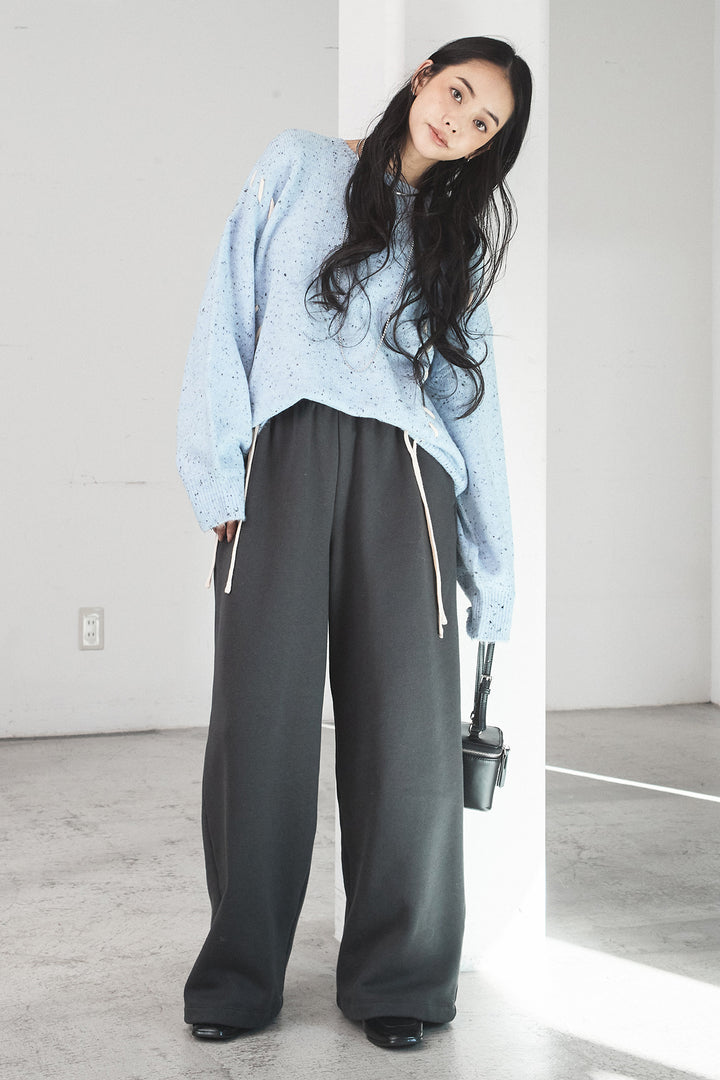 [SET]ネップ編み上げニットトップス+裏起毛スウェットワイドパンツ(2set)